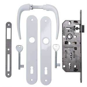 Pachet broasca + maner Alb, cu sild clasic, pentru tamplarie lemn, 2 chei, pe cheie, 35-500, EXT5709