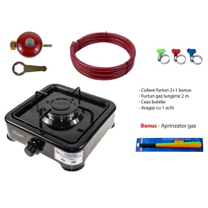 Set pentru gătit cu aragaz cu un singur arzator, dimensiunile de 27×27 cm. Ceas pentru butelie, 2 metri furtun pentru gaz, 3 coliere pentru furtun, aprinzător ZLN 0018B_N - Img 1