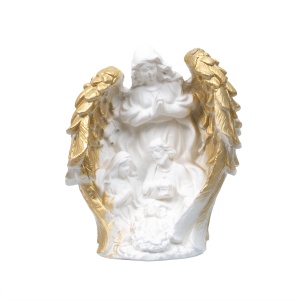Statueta decorativa Ingerul pazitor al Familiei Crestine, din ipsos alb cu auriu, 16cm x 13cm x 15cm, ZLN10456