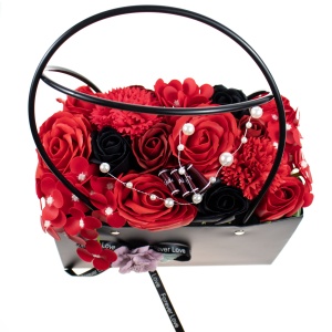 Aranjament floral cu trandafiri de sapun love, 20 cm, negru+rosu+rosu inchis, 15 fire, CD2570-Rosu - Img 2