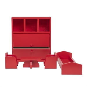 Mobilier dormitor papusi Zilan, pat 34x10x6 cm, dulap 27x24x7 cm, masa 12x7x5 cm, fotoliu 6x7x6 cm, ecologic, rosu, EXT10779