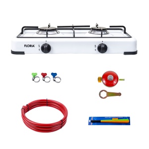 Pachet aragaz 2 ochiuri, 51×28 cm plus (ceas pentru butelie, 2 m furtun pentru gaz, 3 coliere pentru furtun, aprinzator) alb / ZLN 7129_1 - Img 1
