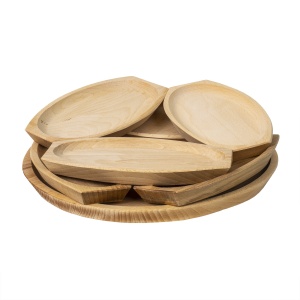 Set 6 farfurii din lemn cu platou Zilan, rotund, lemn fag, dimensiuni farfurie 23x12.5 cm, diametru platou 32 cm, cod EXT6082