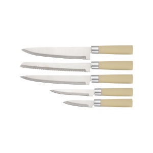 Set cutite inox Zilan, 5 piese, cu suport crem, 20 cm cutit chef, 20 cm cutit paine + 20 cm cutit feliat + 12,7 cm cutit utility + 9 cm cutit mic, ZLN1610 - Img 2