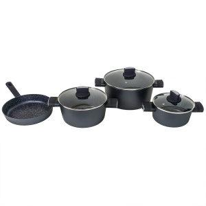 Set oale Zilan 7 piese din aluminiu, 3 oale 20x20x20 cm, 24x24x24 cm, 28x28x28 cm, tigaie 26x26x5 cm, 3 capace sticla termorezistenta, ZLN0959