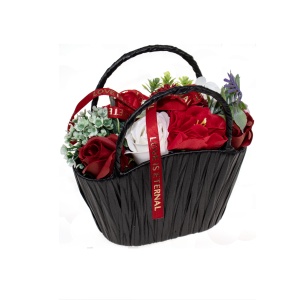 Aranjament floral cu trandafiri de sapun love, flori: trandafiri, bujori, garoafe, hortensii, inaltime: 17 cm, numar total de fire: 10, cod produs: SF077-Alb-Rosu - Img 1