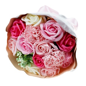 Buchet flori Zilan, 11 trandafiri + 2 garoafe din sapun, crem/roz/rozpal, inaltime 25 cm, diametru 17 cm, CD4449-Roz - Img 2