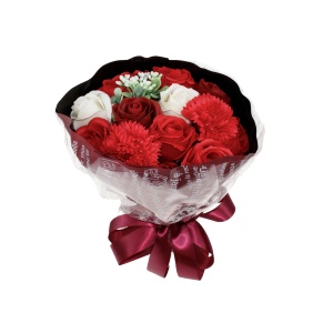 Buchet flori Zilan, 11 trandafiri + 2 garoafe din sapun, parfum fin, inaltime 25 cm, diametru 17 cm, CD4449-Rosu - Img 1