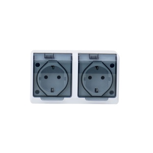 Priza dubla Zilan 16A/250V, 2 locasuri, alb cu capac transparent, IP44, 13x7.6x5 cm, ELPL-0325-01