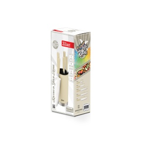Set cutite inox Zilan, 5 piese, cu suport crem, 20 cm cutit chef, 20 cm cutit paine + 20 cm cutit feliat + 12,7 cm cutit utility + 9 cm cutit mic, ZLN1610 - Img 3