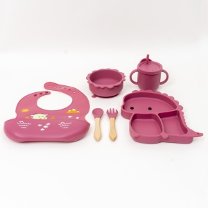 Set hranire bebelus Z-TOOLS, 6 piese, silicon, model dinozaur, farfurie 23x18x2.5 cm, bol 13x5 cm, baveta 32x23 cm, lingurita 14x3.5 cm, canita 8x9 cm, ZTS9096 - Img 2