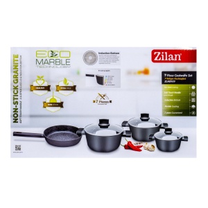 Set oale Zilan 7 piese din aluminiu, 3 oale 20x20x20 cm, 24x24x24 cm, 28x28x28 cm, tigaie 26x26x5 cm, 3 capace sticla termorezistenta, ZLN0959 - Img 6