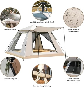 Cort de camping Z-TOOLS pentru 4 persoane, impermeabil, 200x200x150 cm, 2 usi, instalare rapida, ZTS8466 - Img 2