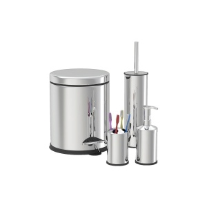 Set baie Zilan, cos menajer 3 litri, perie WC, suport sapun lichid, suport periute dinti, inox, autoportant, 20x10x40 cm, ZLN4605