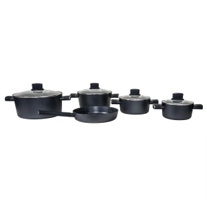 Set oale Zilan, 9 piese, aluminiu, 4 oale cu manere, 1 tigaie, capace sticla termorezistenta, 28x24x20x18 cm, ZLN0942
