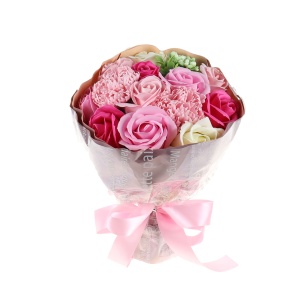 Buchet flori Zilan, 11 trandafiri + 2 garoafe din sapun, crem/roz/rozpal, inaltime 25 cm, diametru 17 cm, CD4449-Roz - Img 1