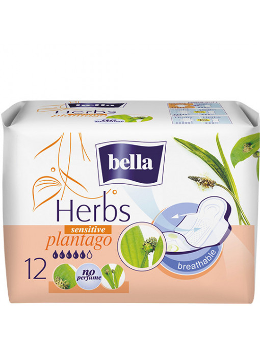 Bella | Absorbante herbs cu extract de patlagina, sensitive no perfume, bella 12 bucati | 1001cosmetice.ro