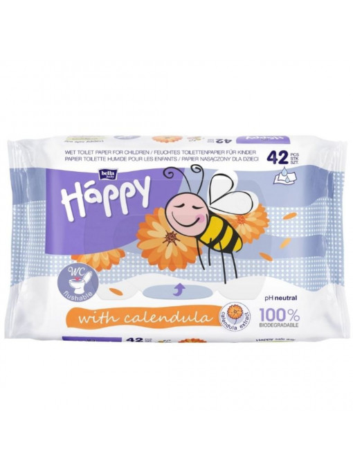 Copii | Hartie igienica umeda pentru copii cu galbenele biodegradabila happy bella, 42 bucati | 1001cosmetice.ro