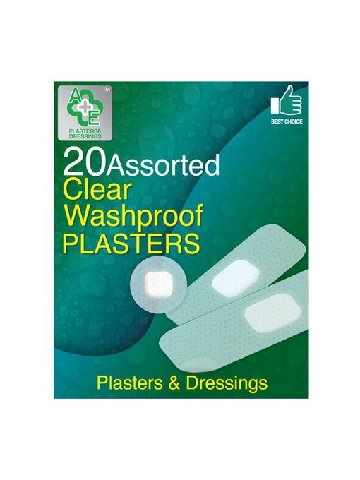 Plasturi sterili si transparenti A&E, pentru diverse intrebuintari, Clear Washproof, forme diferite, set 20 bucati