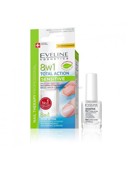 Ingrijirea unghiilor, eveline | Eveline cosmetics 8 in 1 total action sensitive tratament intaritor 8 in 1 pentru unghii sensibile | 1001cosmetice.ro