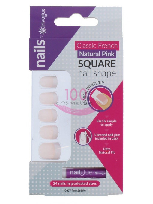 INVOGUE SQUARE PINK UNGHII FALSE 24 BUCATI + LIPICI SET