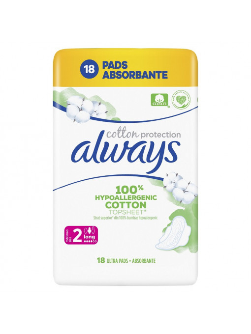 Igiena intima, always | Absorbante always cotton protection long 2, hypoallergenic, pachet 18 bucati | 1001cosmetice.ro