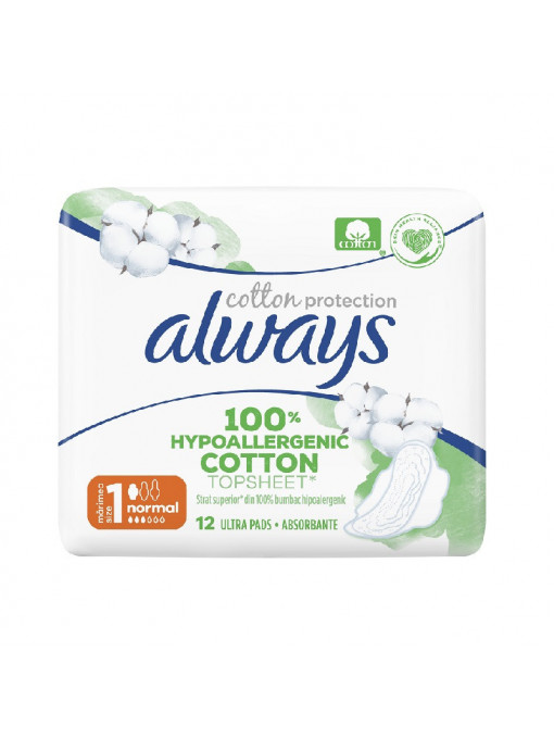 Igiena intima, always | Absorbante always cotton protection normal 1, hypoallergenic, pachet 12 bucati | 1001cosmetice.ro