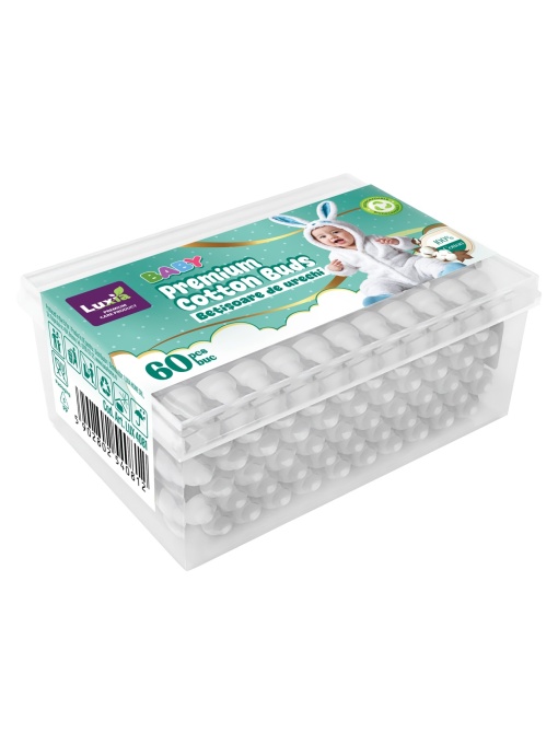 Luxia | Betisoare igienice pentru urechi, bumbac 100%, cu opritor, pentru bebelusi, cutie 60 bucati, luxia 4081 | 1001cosmetice.ro