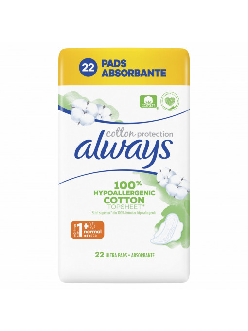 Always | Absorbante always cotton protection normal 1, hypoallergenic, pachet 22 bucati | 1001cosmetice.ro