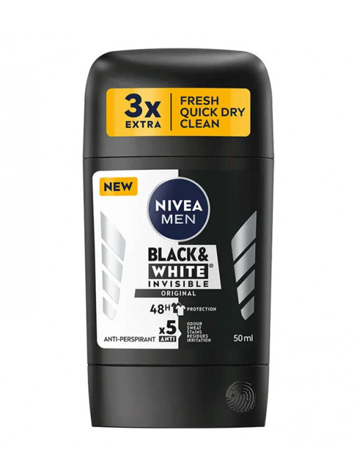 Nivea | Deo anti-perspirant stick 48h black & white invisible original, nivea men, 50 ml | 1001cosmetice.ro