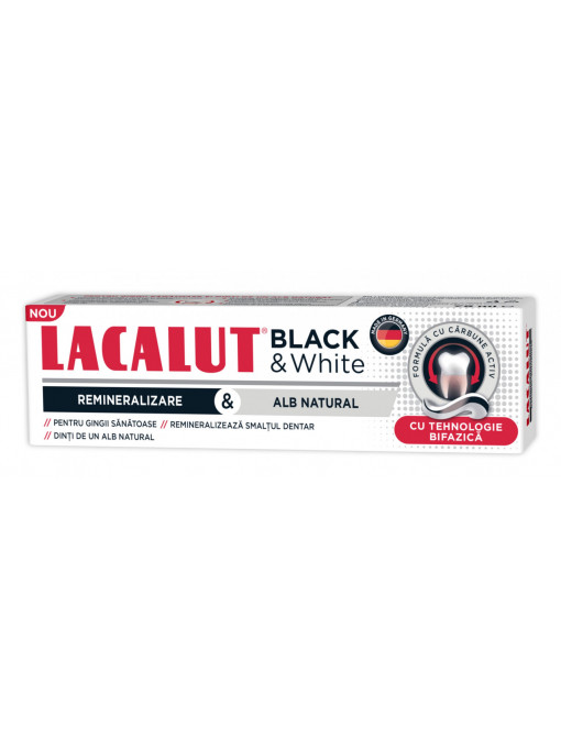 Pasta de dinti Black & White cu carbune activ, Lacalut, 75 ml