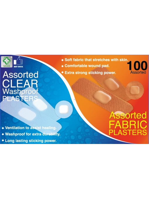 Plasturi sterili A&E, pentru diverse intrebuintari, Clear Washproof + Fabric Plasters, forme diferite, set 100 bucati