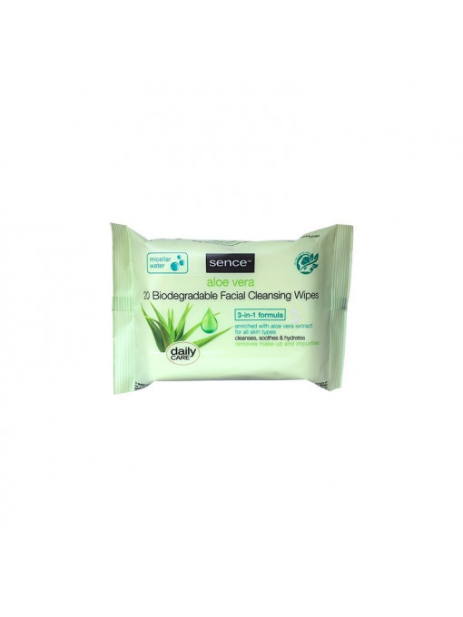 Sence | Servetele demachiante biodegradabile, aloe vera, formula 3 în 1, sence, 20 bucati | 1001cosmetice.ro