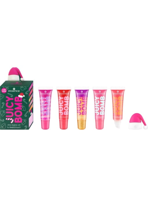 Gloss, essence | Set luciu de buze cu cinci arome de craciun, pentru buze ultralucioase si vesele, juicy bomb xmas, essence | 1001cosmetice.ro