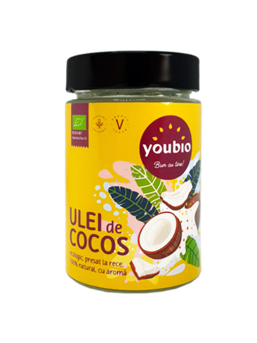 Ulei de cocos, ecologic, presat la rece, 100% natural, cu aroma, Youbio Adams, 330 ml