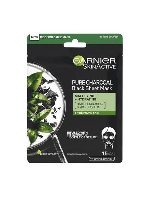 Garnier | Masca servetel pure charcoal cu ceai negru pentru matifiere, garnier, 28 g | 1001cosmetice.ro