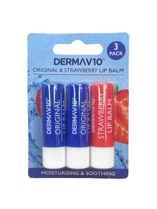 Dermav10 | Set 3 balsam de buze 2x original, 1x strawberry lip balm dermav10 | 1001cosmetice.ro