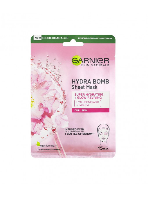 Masca servetel pentru fata, hidratanta cu Acid Hyaluronic si extract de floare de cires, Hydra Bomb, Garnier, 28 g