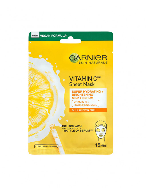 Gel &amp; masca de curatare, garnier | Masca servetel pentru fata, super hidratare si stralucire, cu acid hyaluronic si vitamina c, garnier, 28 g | 1001cosmetice.ro