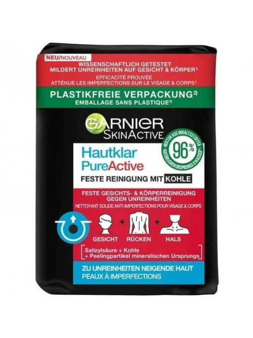 Sapun, garnier | Sapun solid cu carbune impotriva punctelor negre si a cosurilor, garnier pure activ, 100 g | 1001cosmetice.ro