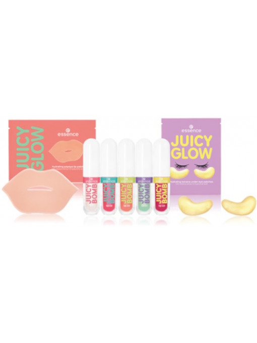Essence | Juicy glow juicy bomb ulei pentru buze + masca hidratanta pentru buze + plasturi pentru zona de sub ochi, set 7 produse | 1001cosmetice.ro