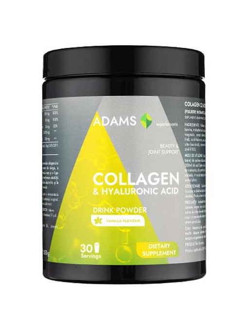 Pudra pulbere instant Collagen & Hyaluronic Acid, aroma de vanilie, Adams, 600 g