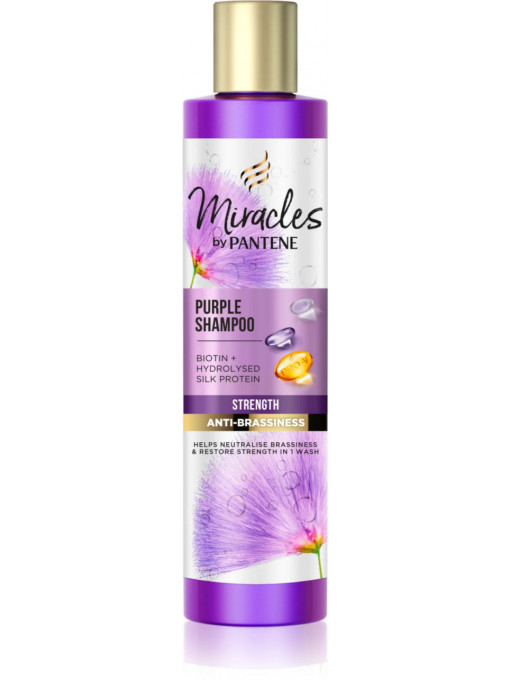 Sampon violet Strenght & Anti-Brassiness pentru neutralizarea tonurilor galbene din păr Pro-V miracles, Pantene, 225 ml