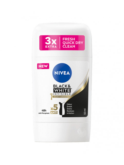 Nivea | Deo anti-perspirant stick 48h black white invisible silky smooth, nivea, 50 ml | 1001cosmetice.ro