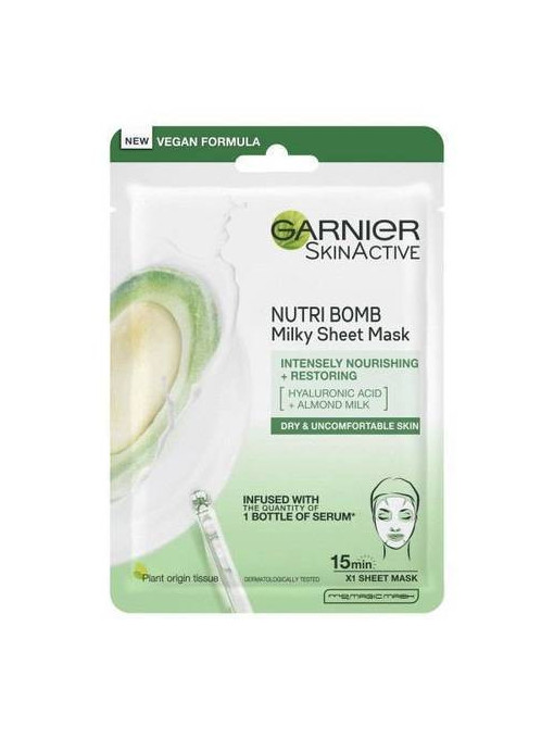 Masca servetel Nutribomb cu lapte de migdale si acid hialuronic pentru nutritie intensa si reparare, Garnier Skin Naturals, 28 g