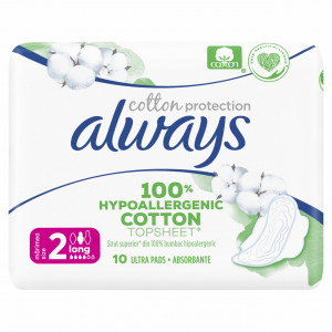 Absorbante Always Cotton Protection Long 2, Hypoallergenic, pachet 10 bucati