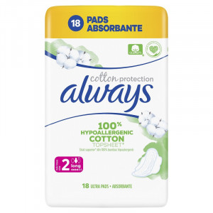 Absorbante Always Cotton Protection Long 2, Hypoallergenic, pachet 18 bucati