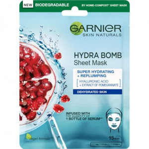 Masca servetel pentru fata, ten deshidratat, cu Acid Hyaluronic si extract de pomegranate, Hydra Bomb, Garnier, 28 g