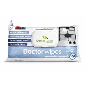 Baie, spring line | Servetele umede cu alcool & bicarbonat, pentru curatarea chuivetei, aragazului, hotei, frigiderului, 25x22 cm, doctor wipes, 100 bucati | 1001cosmetice.ro