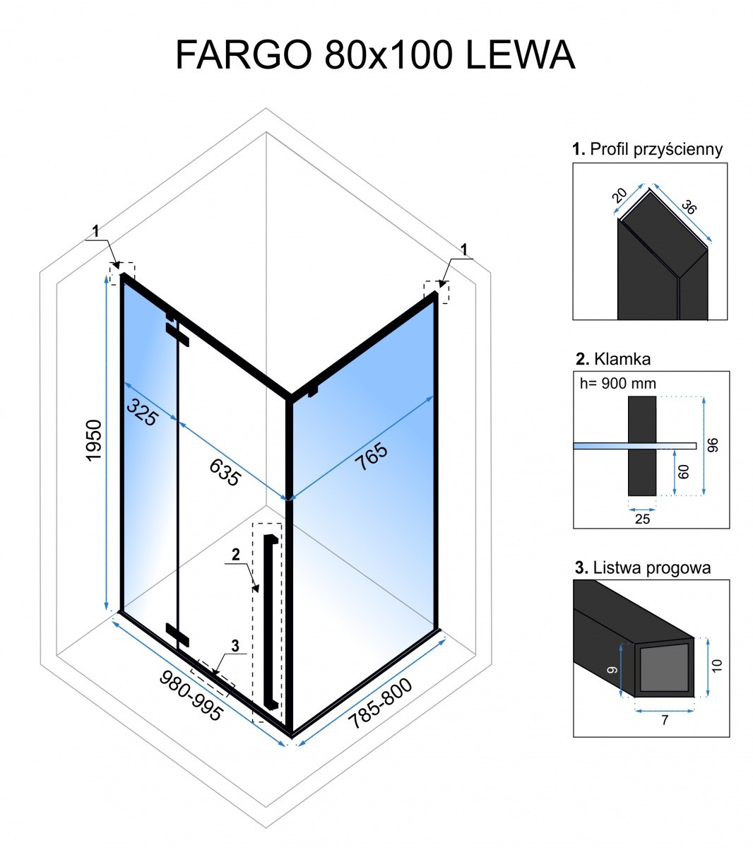 Cabina dus Fargo negru - 80x100 cm - 1 | YEO